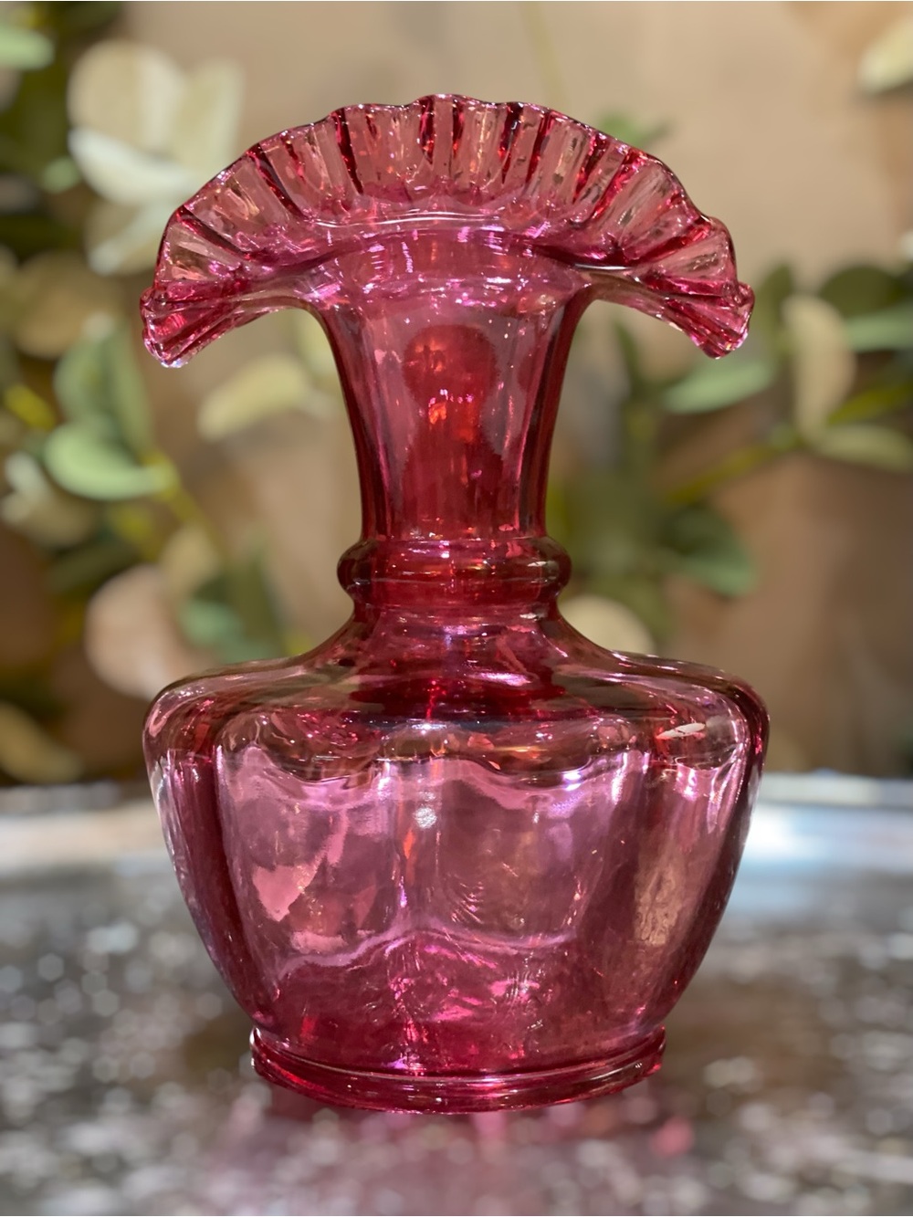 Vintage Fenton Cranberry Vase Crimped Ruffled Art Glass Signed